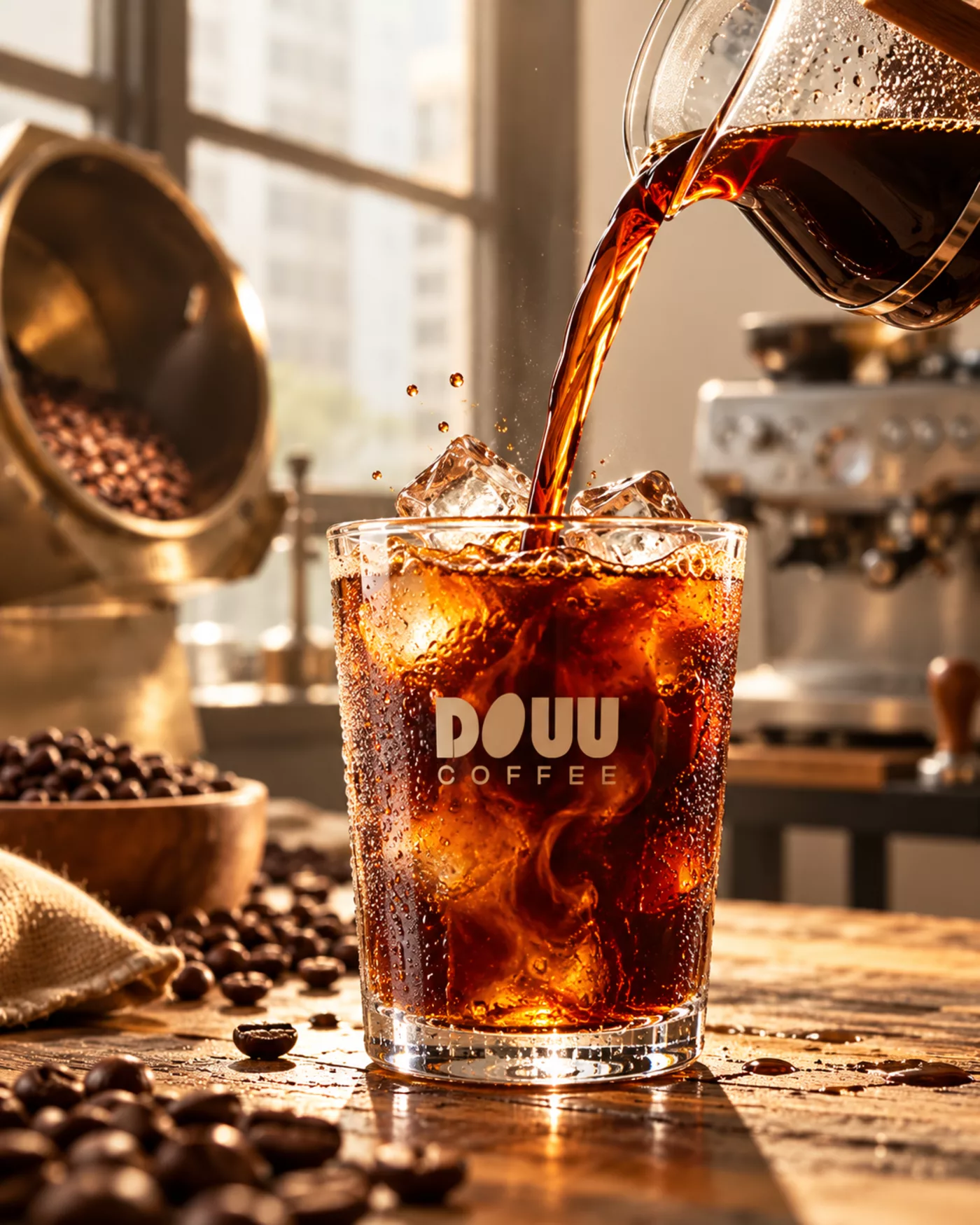 Iced DOUU Coffee being poured, concept image